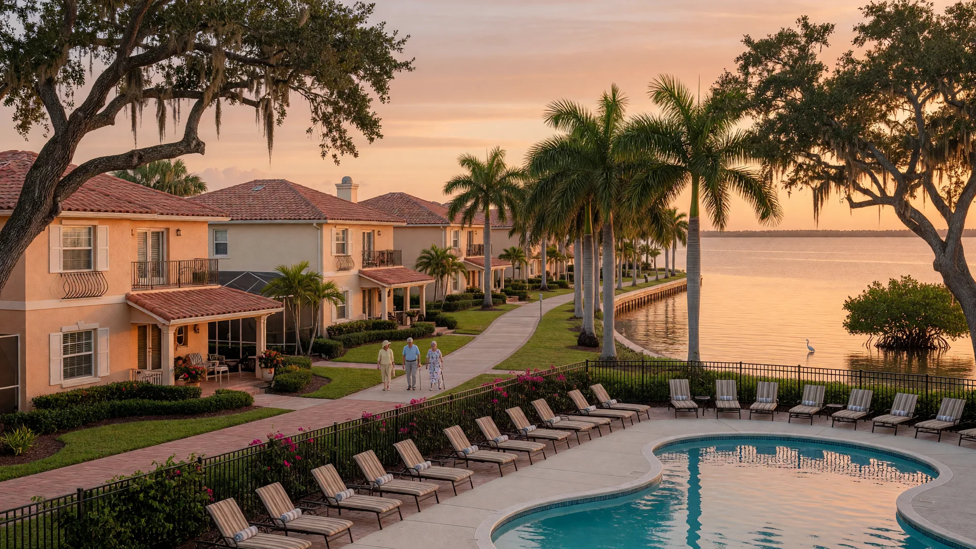 A serene waterfront retirement community in southwest Florida at golden hour, with Mediterranean condos and villas along a calm bay, a resort pool, and palm-lined walking paths