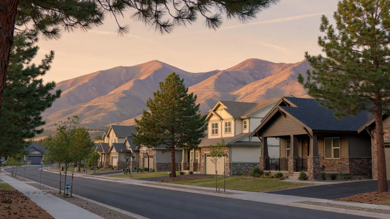 Craftsman-style new construction homes in Carson City with stone and siding exteriors and the Pine Nut Mountains in the background