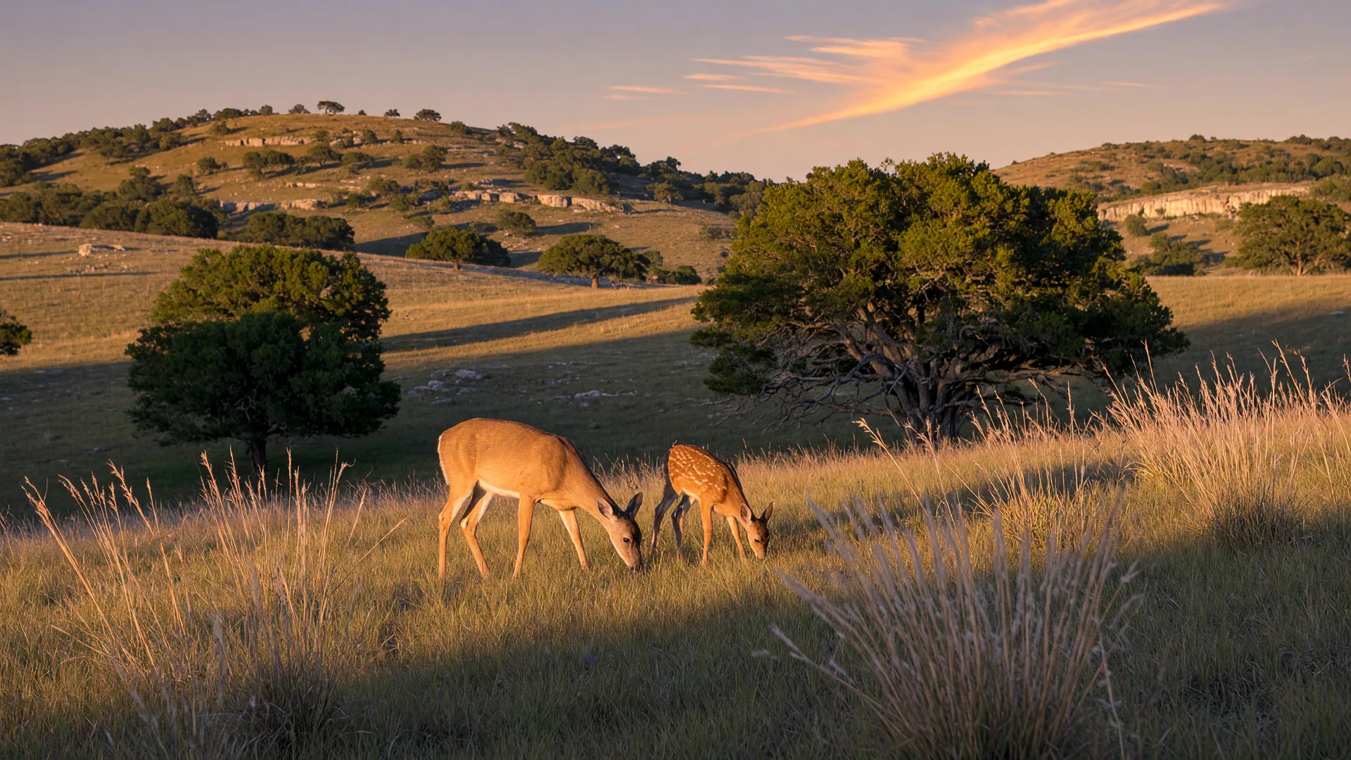 A white-tailed doe and yearling grazing in waist-tall native grass in a Texas Hill Country pasture at golden hour, with live oaks and limestone hills behind them