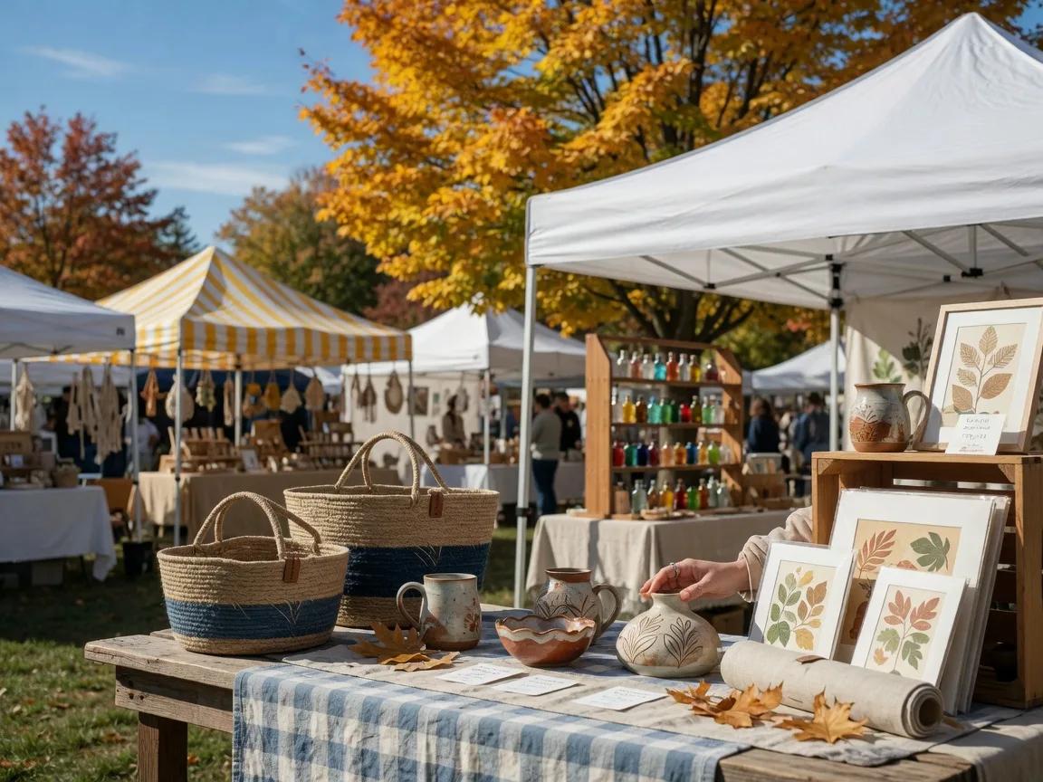 Illustrative image of an outdoor arts and crafts fair booth displaying handmade pottery, baskets, and prints