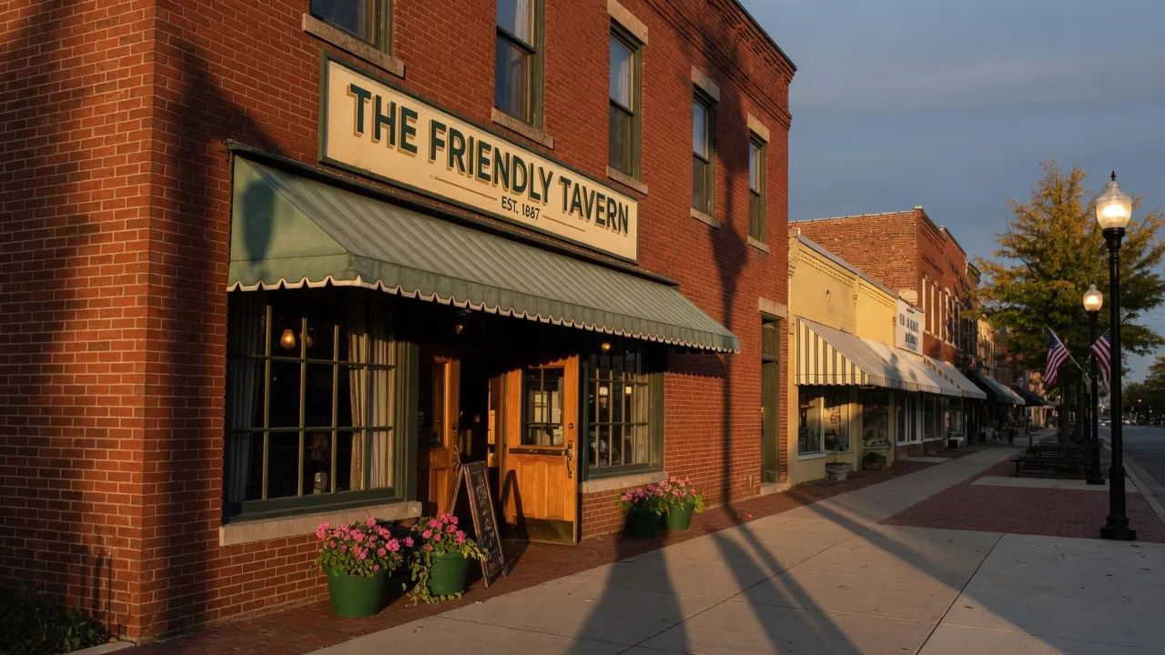 The Friendly Tavern, a historic two-story red brick tavern on Main Street in Zionsville Indiana, glowing warmly at golden-hour dusk with vintage lampposts and a charming small-town backdrop