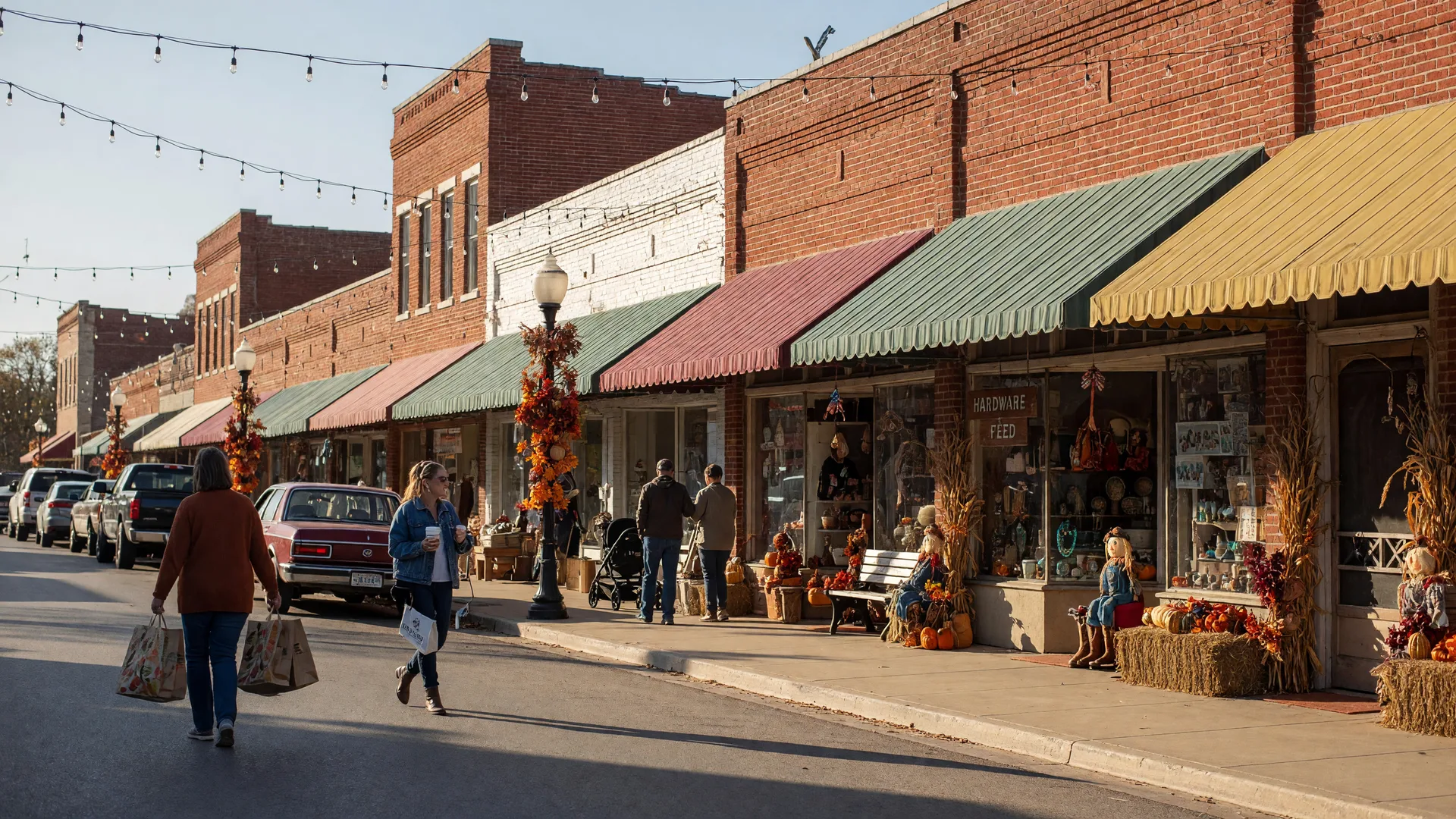 A small-town Texas main street with brick storefronts, awnings, and autumn decorations on a fall day