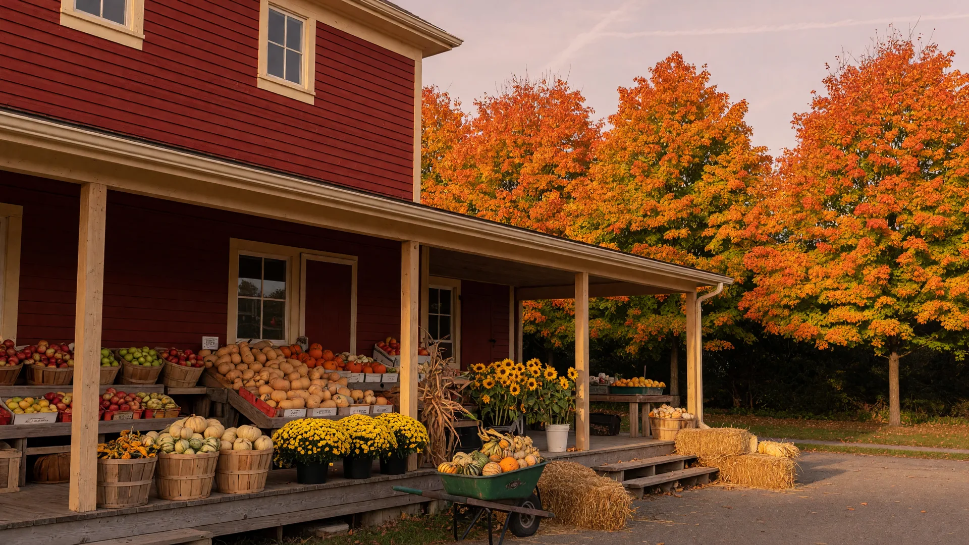A red-and-cream Ontario farm market porch in early October, with wooden crates of apples and squash, small pumpkins, golden mums and maple trees turning amber behind the market