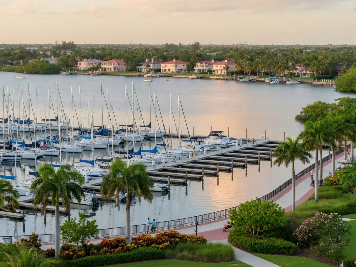 Sailboat marina and palm-lined boardwalk in Cutler Bay