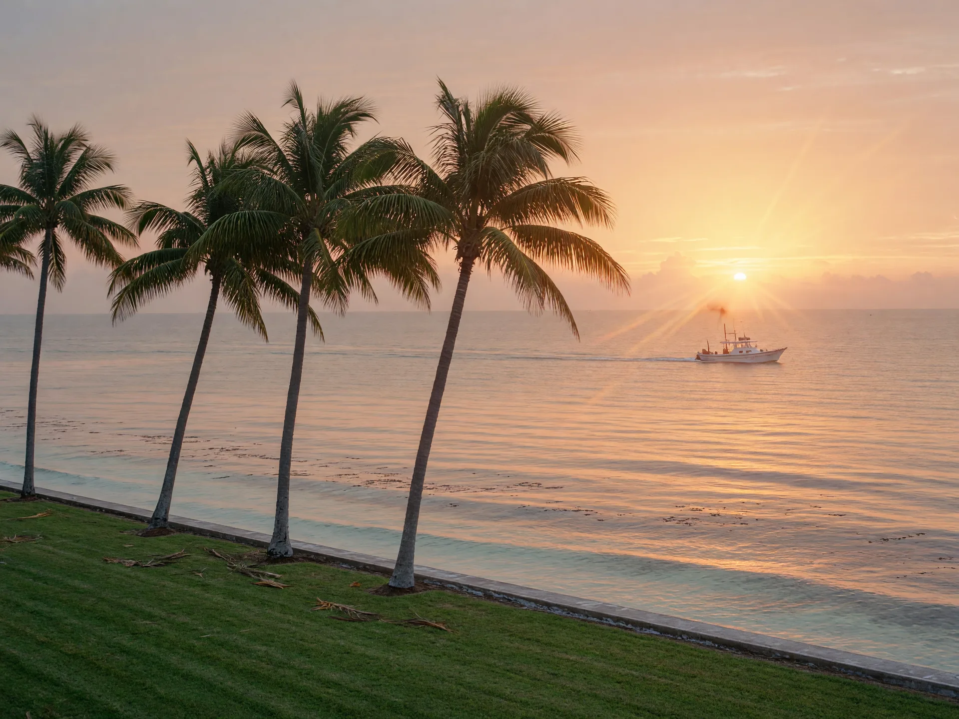 Sunrise over the Atlantic side of the Florida Keys with golden light across the sea, a distant fishing boat heading out through the morning haze, and palm trees in the foreground