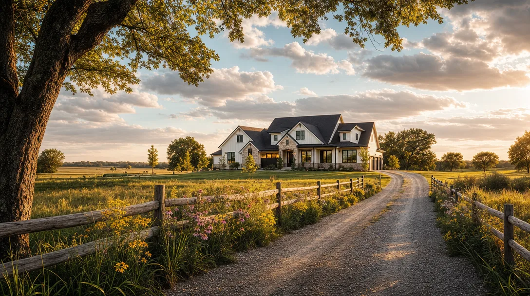 New home on a generous lot in South Kansas City with open fields and rural charm