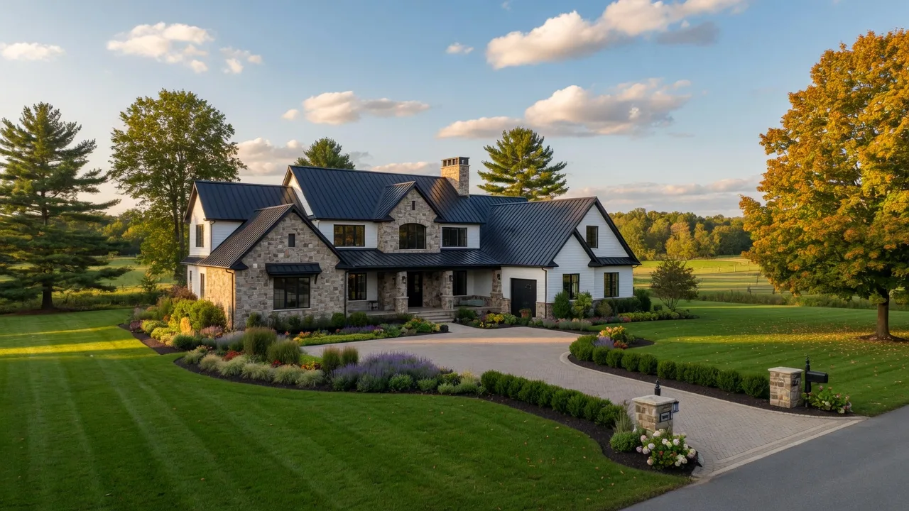 Modern estate home in Chester Springs with stone and siding exterior