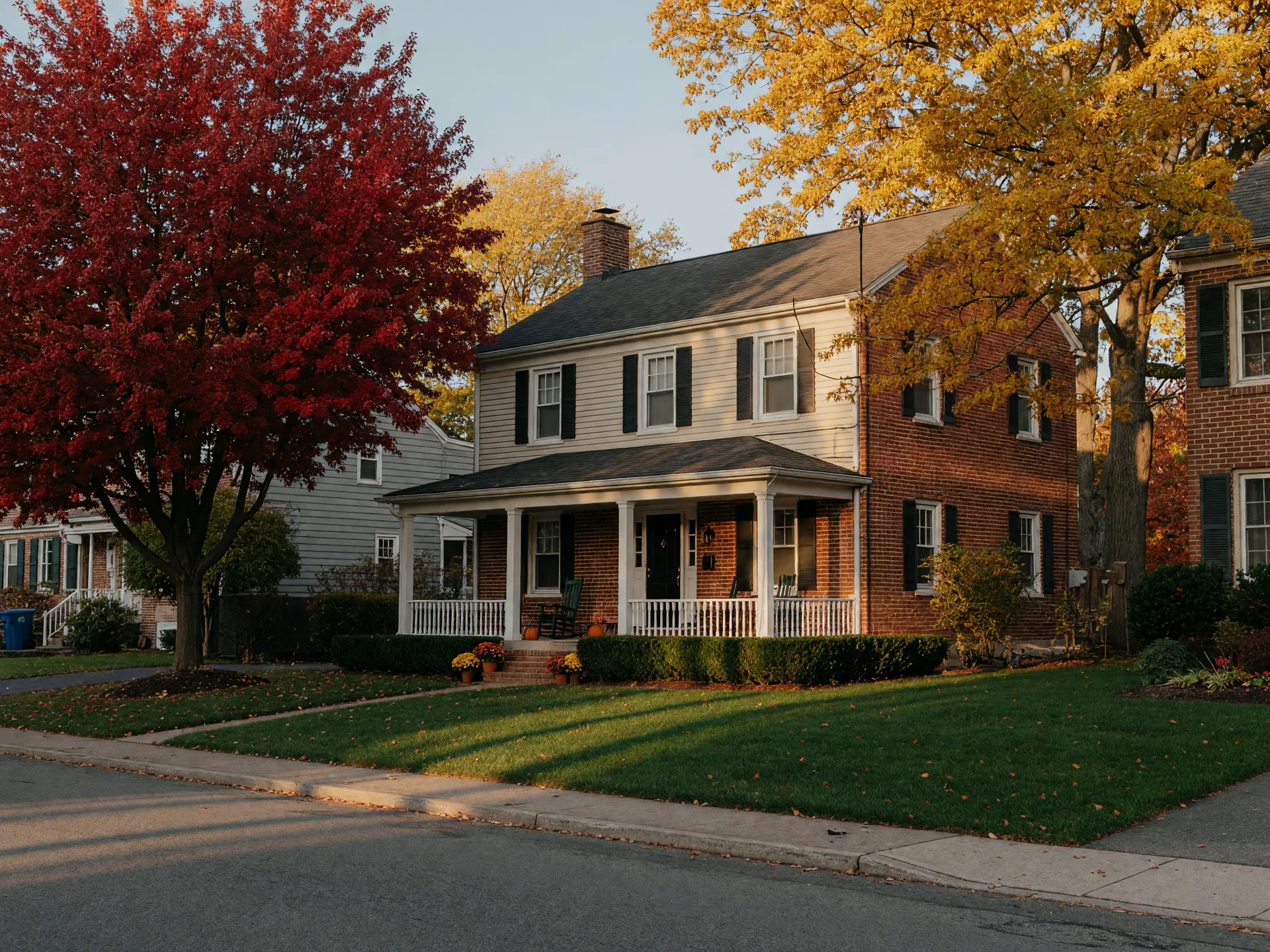 Classic Colonial homes on a tree-lined street in Glen Mills, Pennsylvania