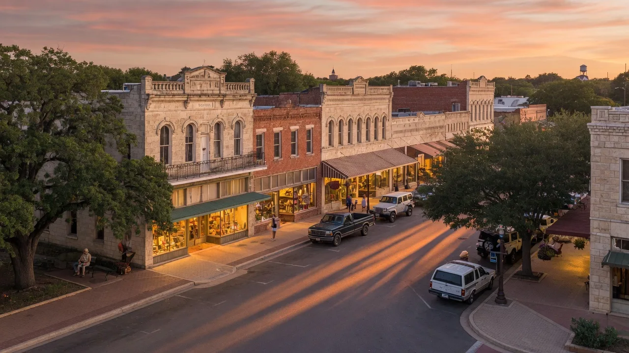 Historic downtown Boerne Main Street with Victorian-era limestone and brick storefronts at golden hour