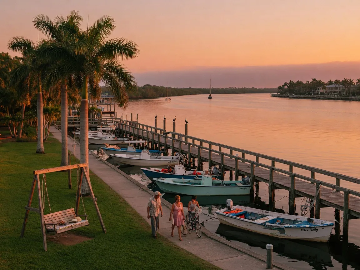 Lantana's waterfront park at sunset, a vintage fishing pier over the Intracoastal with small boats and palms on a green lawn