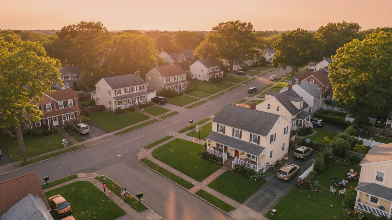 Charming suburban neighborhood in Burlington County at golden hour