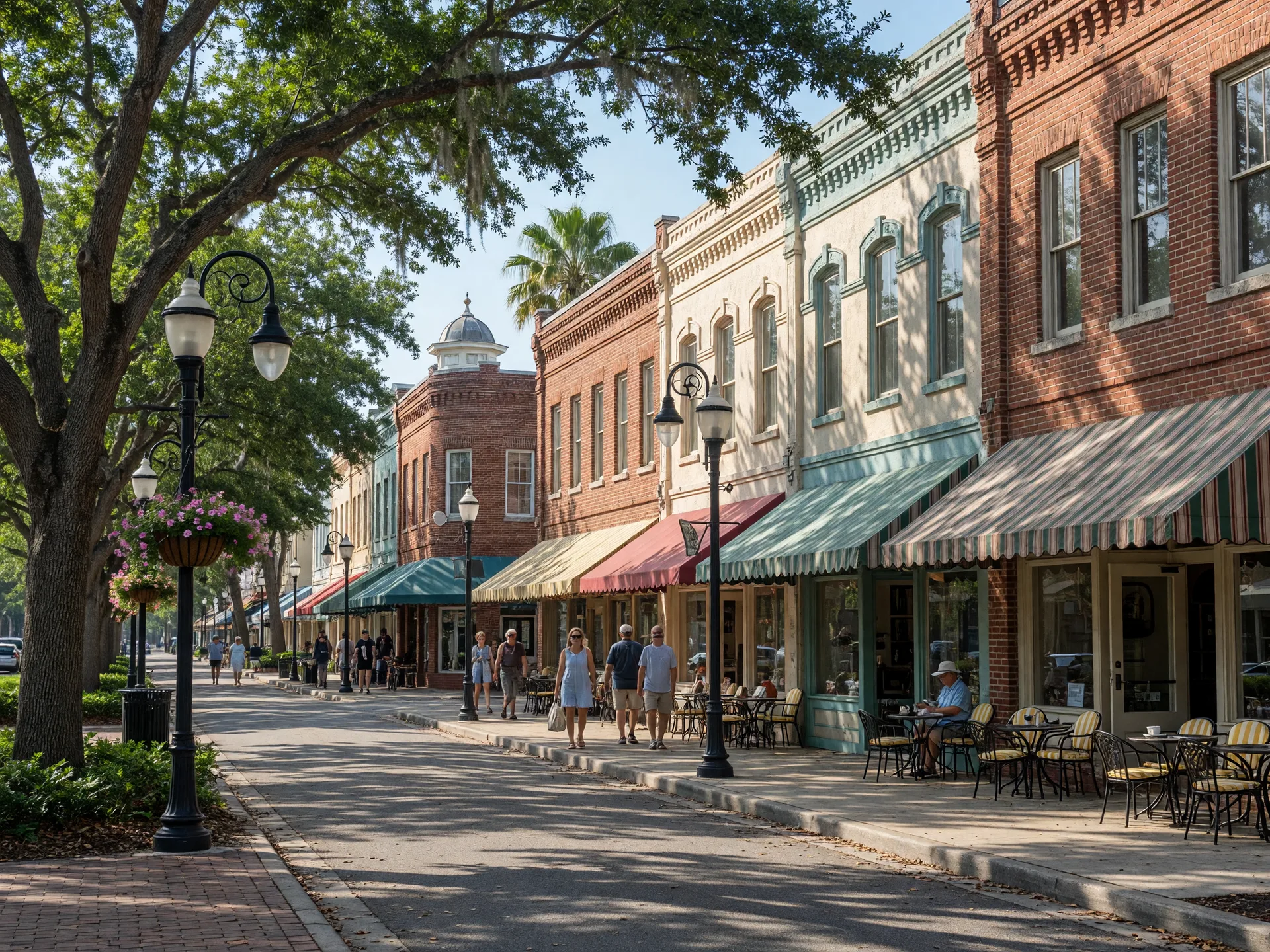 Historic downtown Winter Haven with vintage storefronts and shaded streets