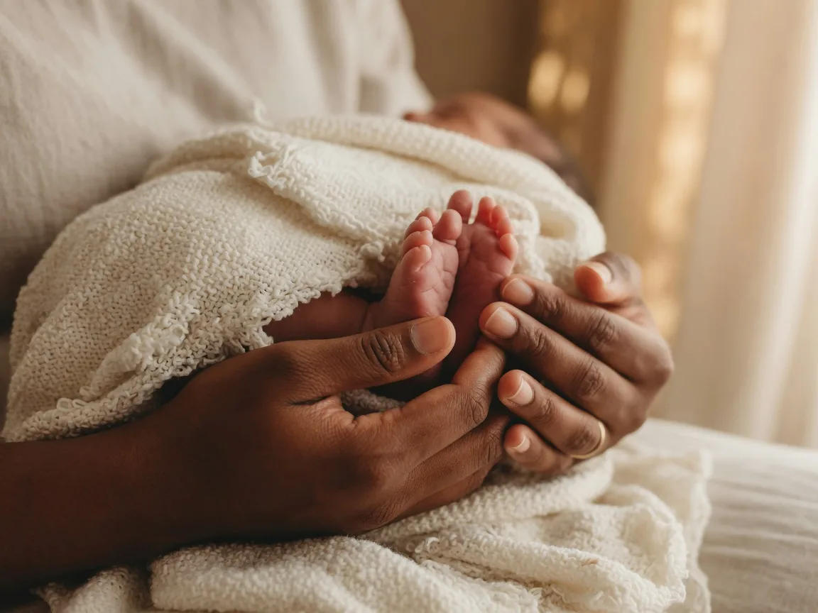 A Black mother's hands cradling a newborn's tiny feet wrapped in an ivory knit blanket