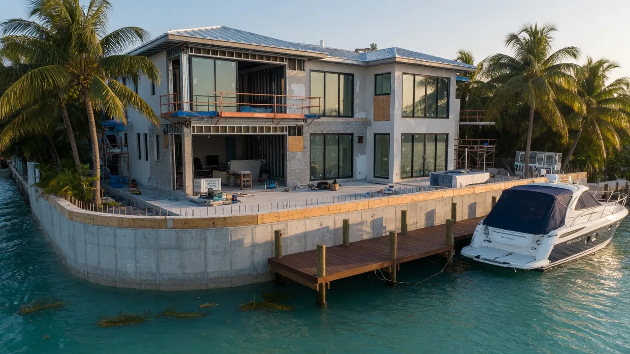 Modern coastal home under construction in the Florida Keys with impact windows, new seawall, and sportfishing yacht at dock