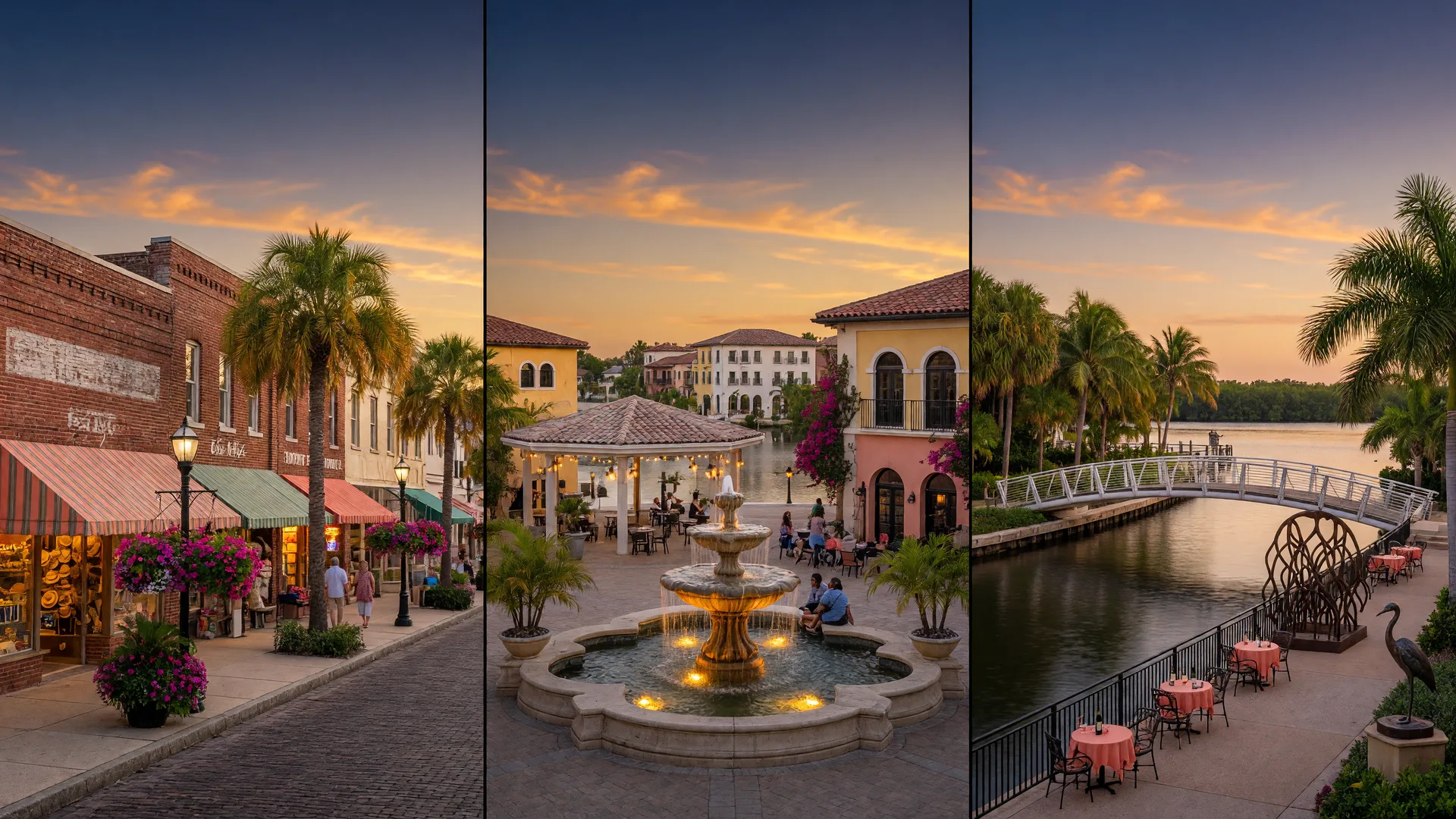 Three vibrant downtown districts at golden hour in Southwest Florida: a palm-lined historic Main Street, a modern lakefront town square with a fountain and pavilion, and a riverwalk promenade with a pedestrian bridge