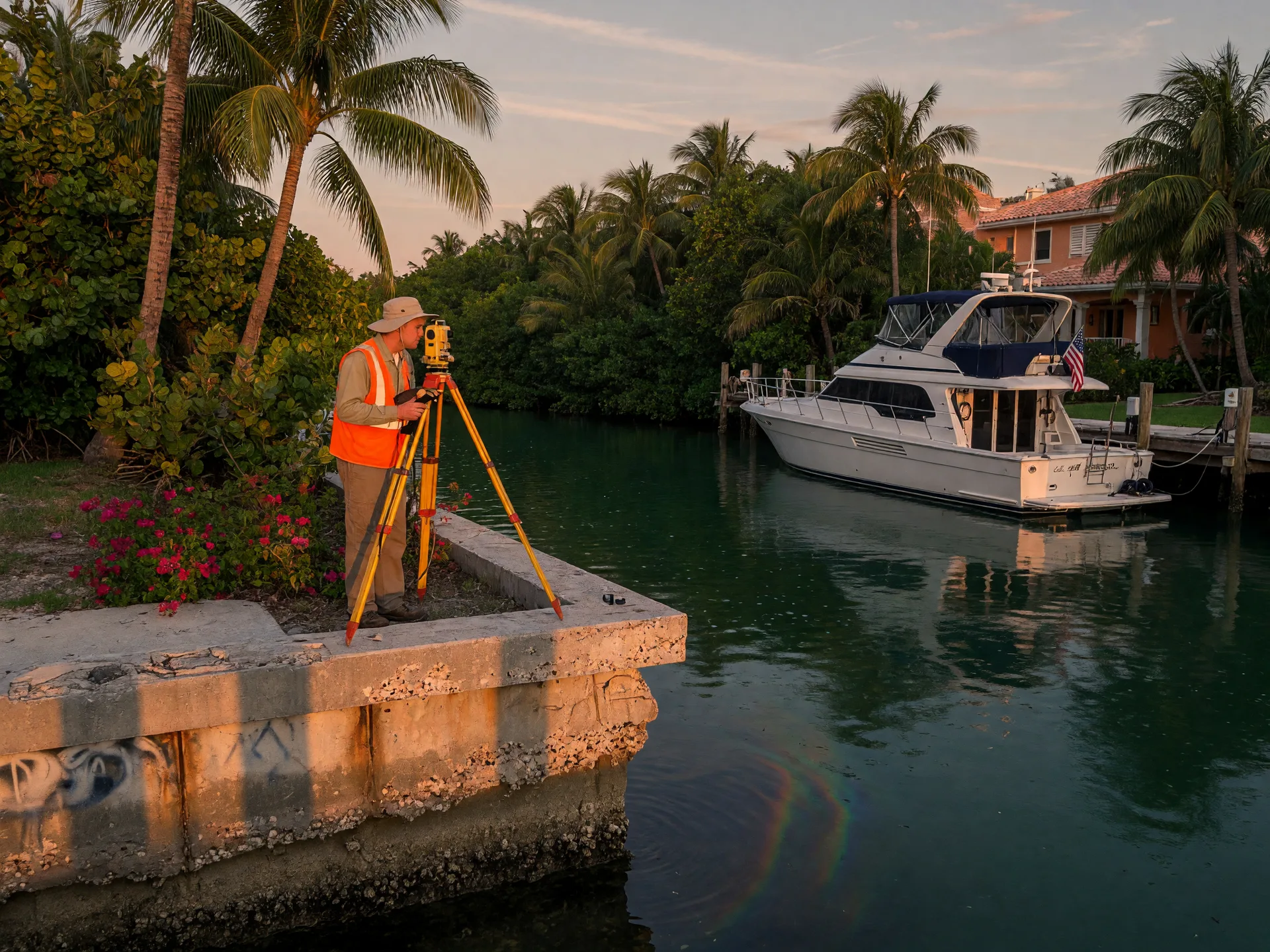 Professional land surveyor working at the edge of a Florida Keys seawall with a theodolite, deep-water canal with a yacht in the background, tropical vegetation at golden hour