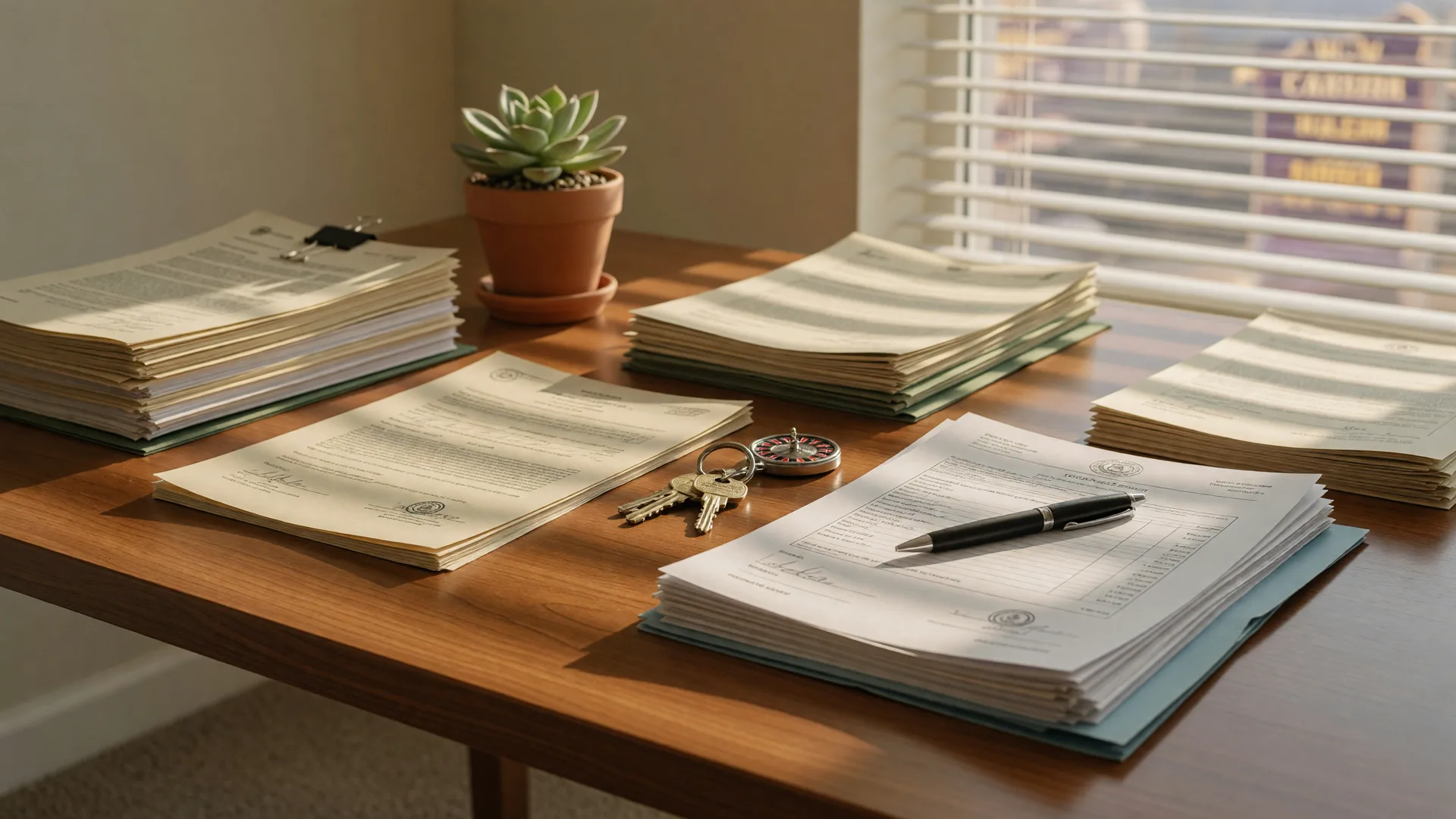 Real estate closing table with documents, pen, and house keys on polished wood