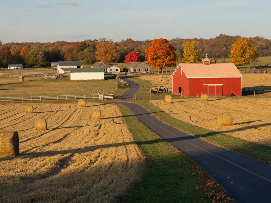 Golden fields and a red barn at a working farm park in Norristown, Pennsylvania