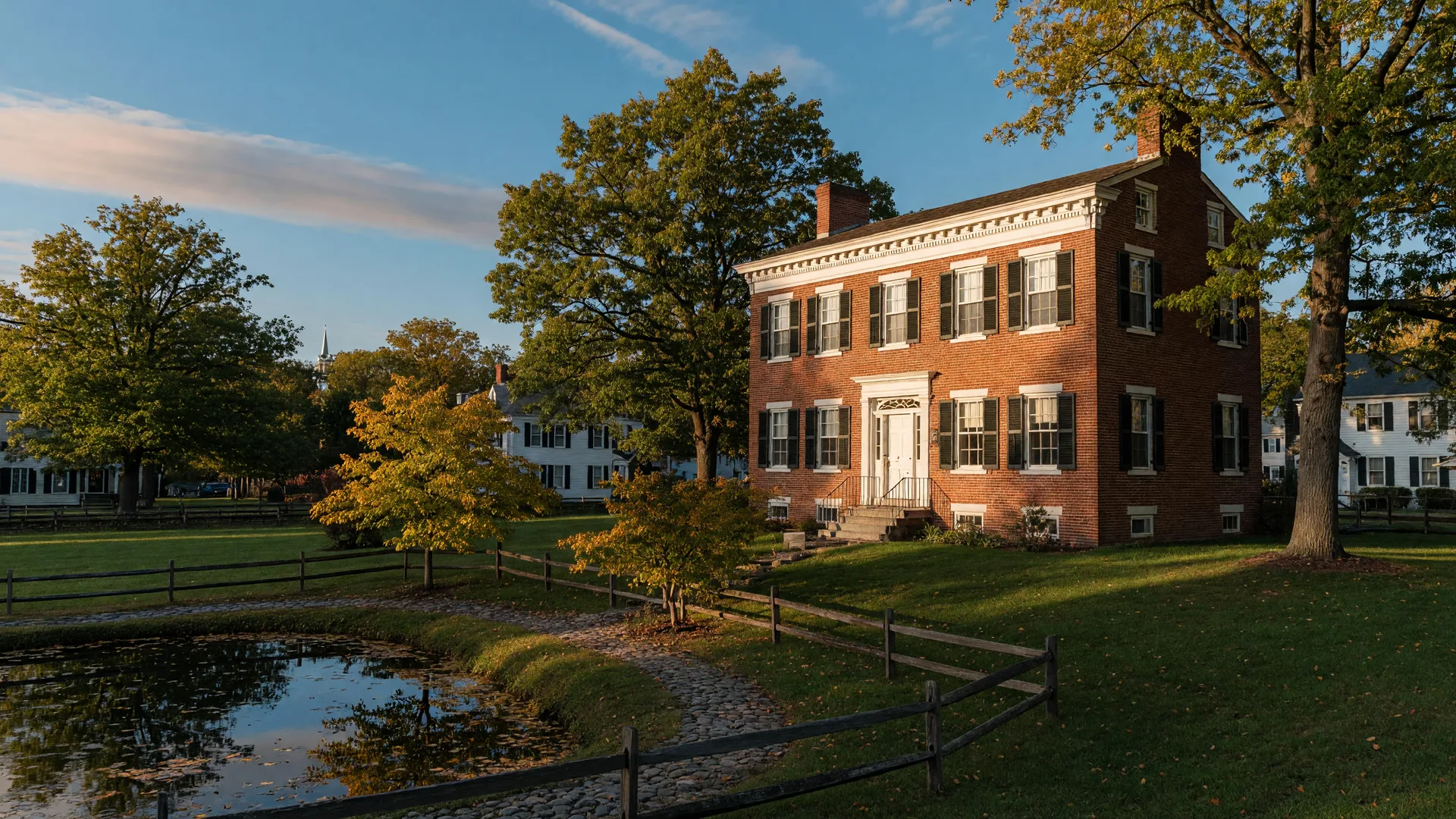 Historic brick farmhouse at the Barclay Farmstead with a tree-lined walking path in early fall