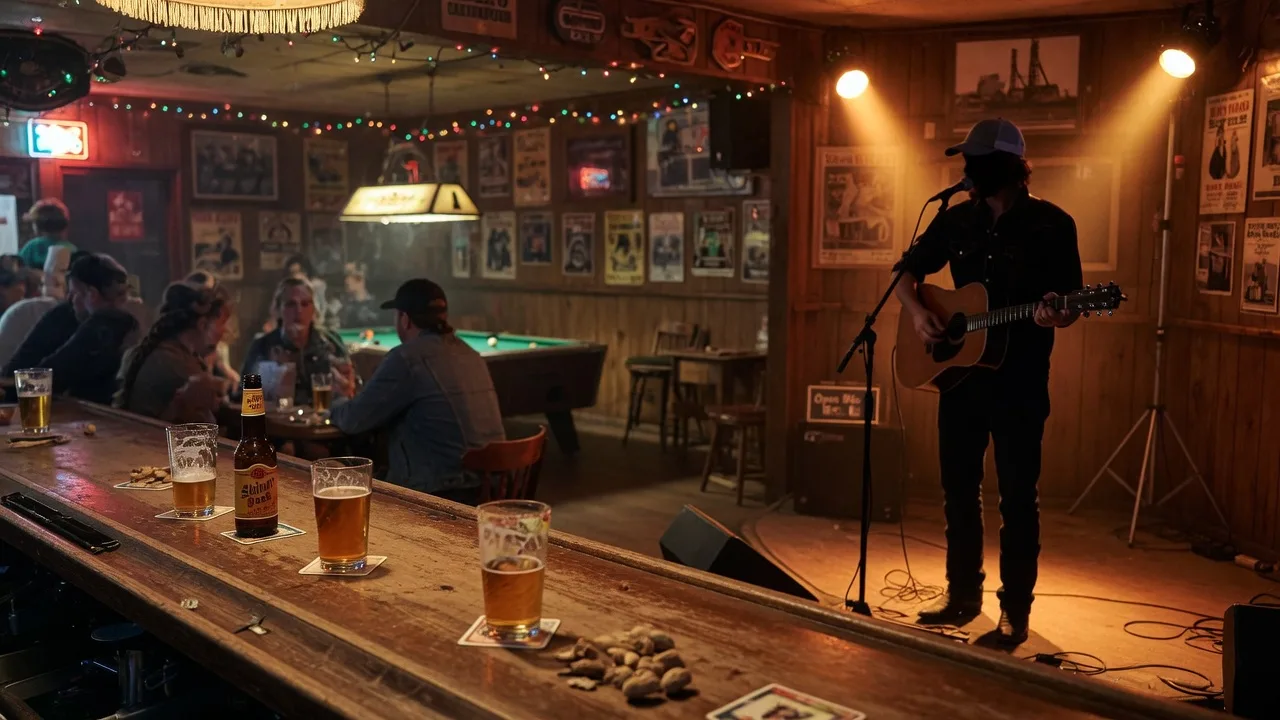A lone acoustic singer-songwriter silhouetted on a small corner stage under warm amber spotlights in an intimate small-town Texas bar