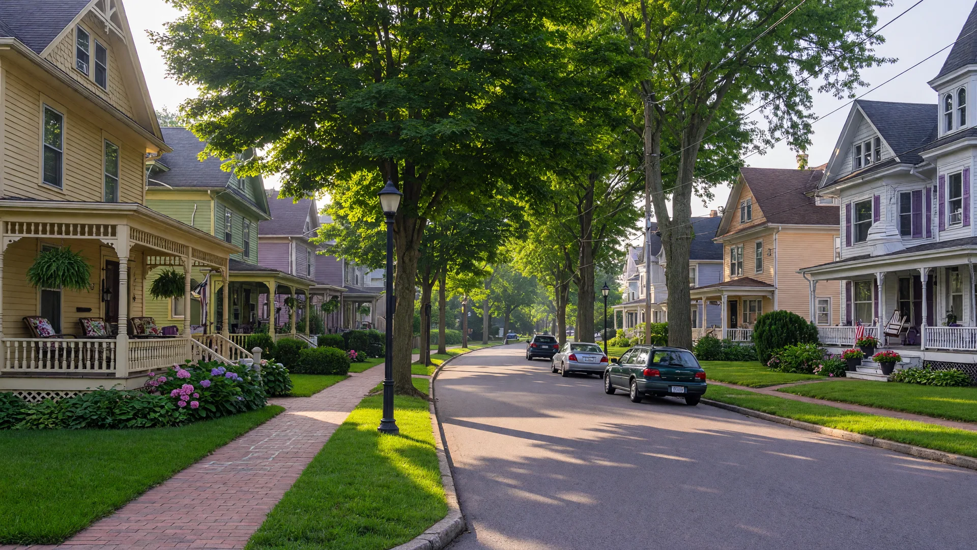 Quiet tree-lined residential street in Ridley Park, Pennsylvania with historic Victorian homes on a sunny summer morning