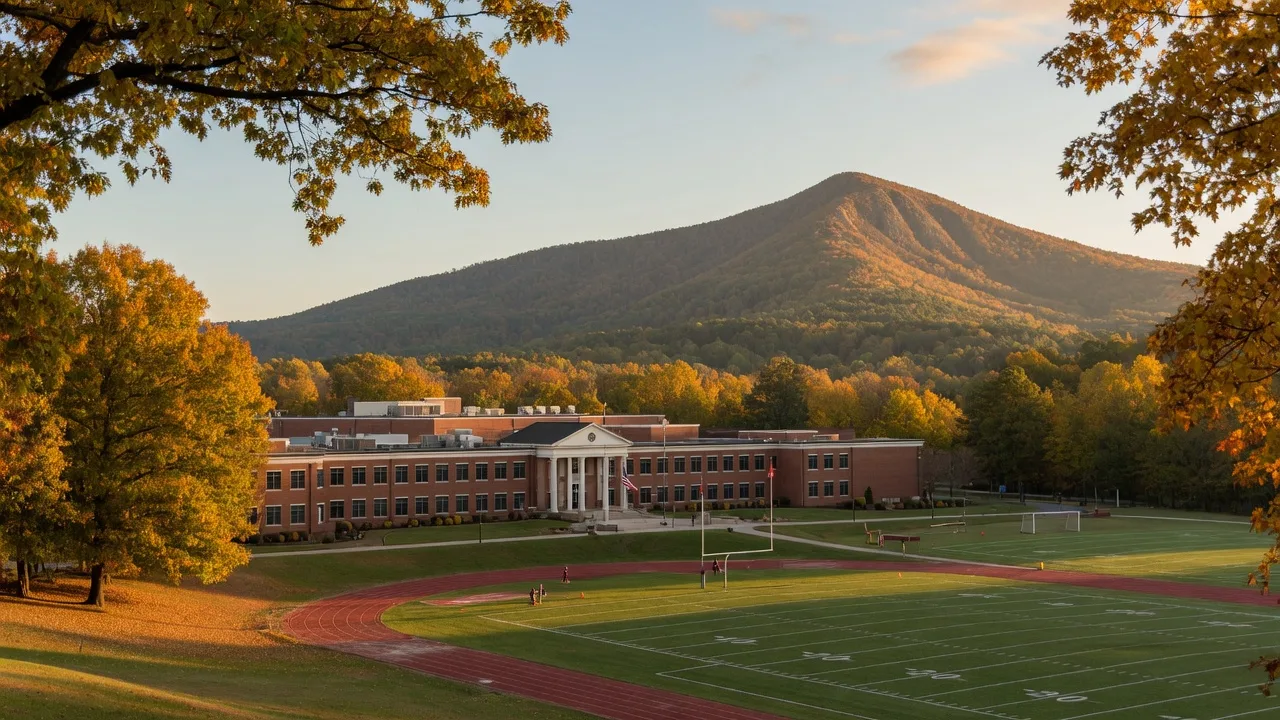 Kennesaw Mountain High School on a sunny fall morning with Kennesaw Mountain rising in the background and golden autumn leaves framing the scene