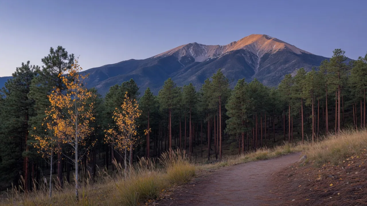 The San Francisco Peaks rising over a ponderosa forest trail near Flagstaff on an early fall morning