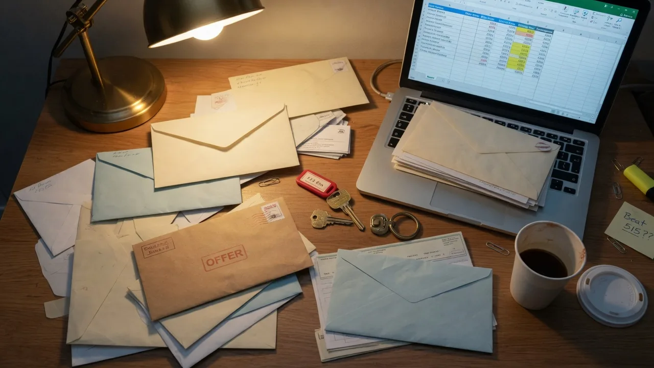 Real estate agent desk with multiple offer envelopes and a laptop displaying a spreadsheet