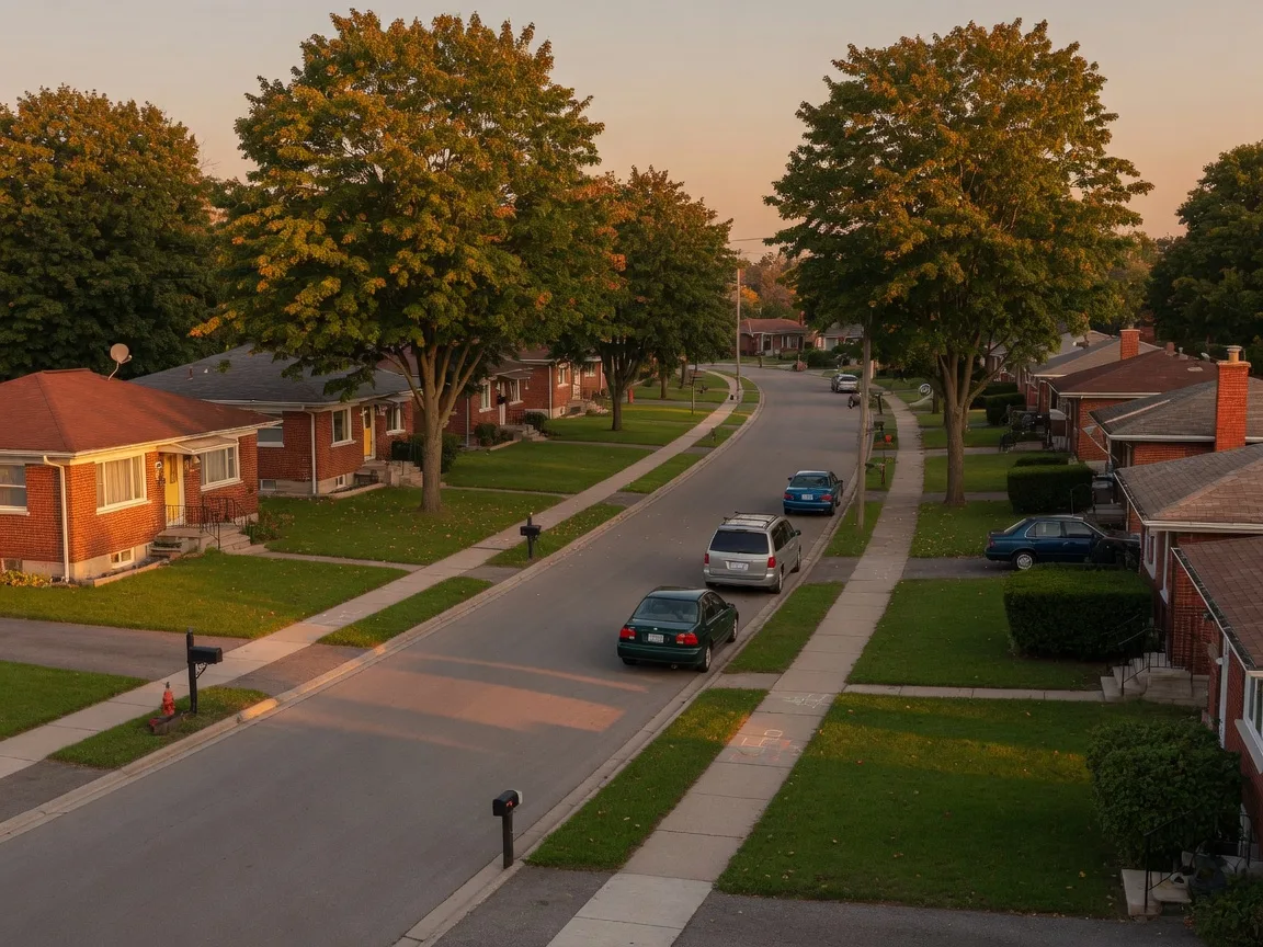 Quiet Hamilton Mountain street with classic brick bungalows and mature maples at golden hour