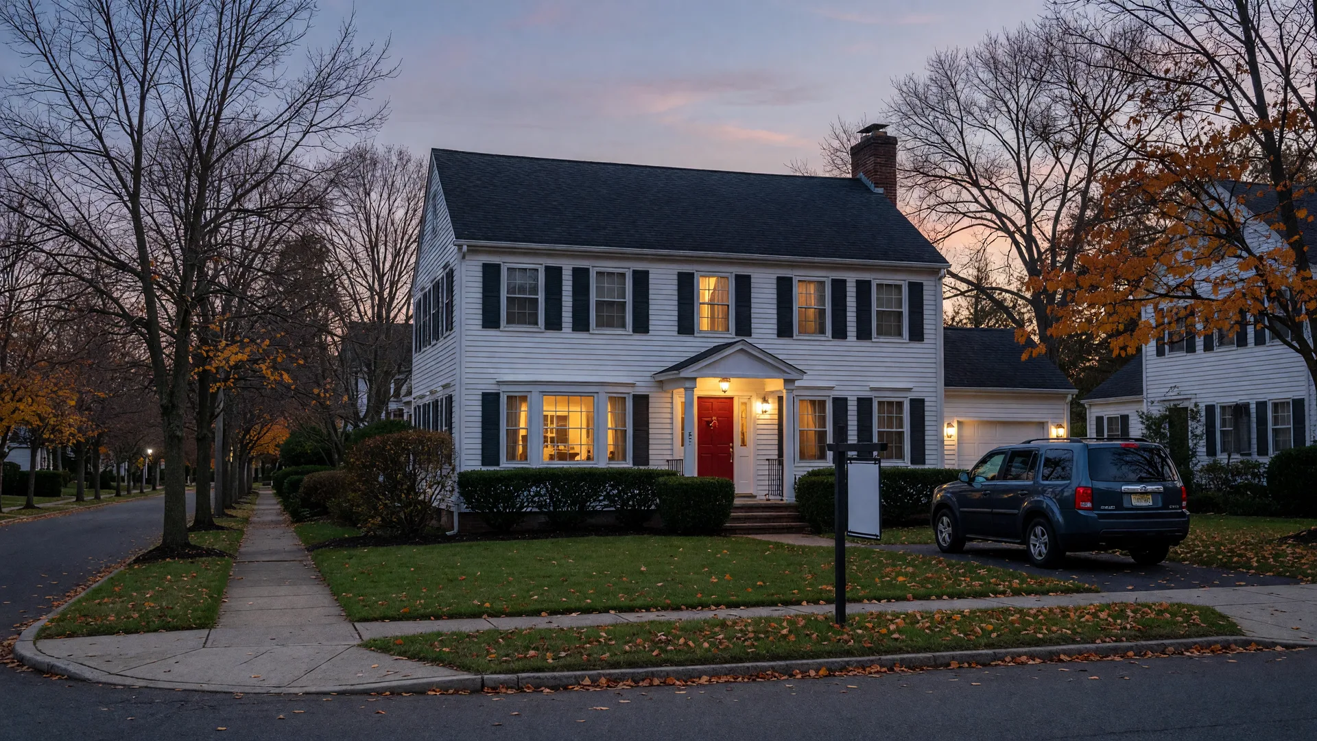 A well-kept suburban colonial home in Burlington County, New Jersey at dusk with warm lights in the windows and a real estate sign in the yard