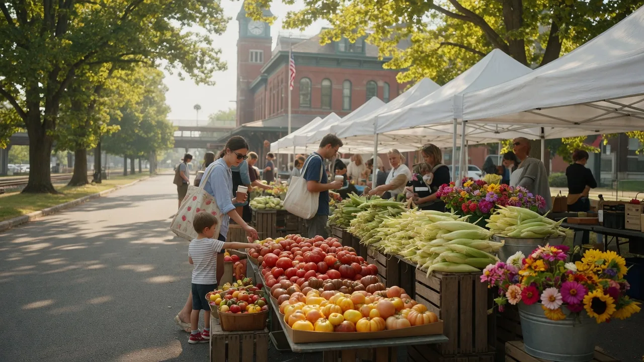 Farmers market on a bright Saturday morning with white vendor tents, fresh produce displayed on wooden crates, and families with canvas shopping bags under the shade of mature trees