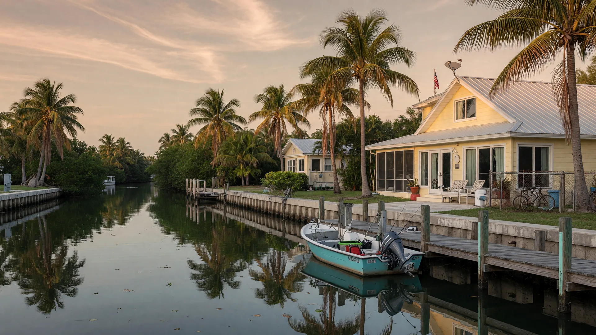A quiet Florida Keys canal neighborhood in the off-season with calm glassy water, a local fishing skiff, and a luxury waterfront home in soft light