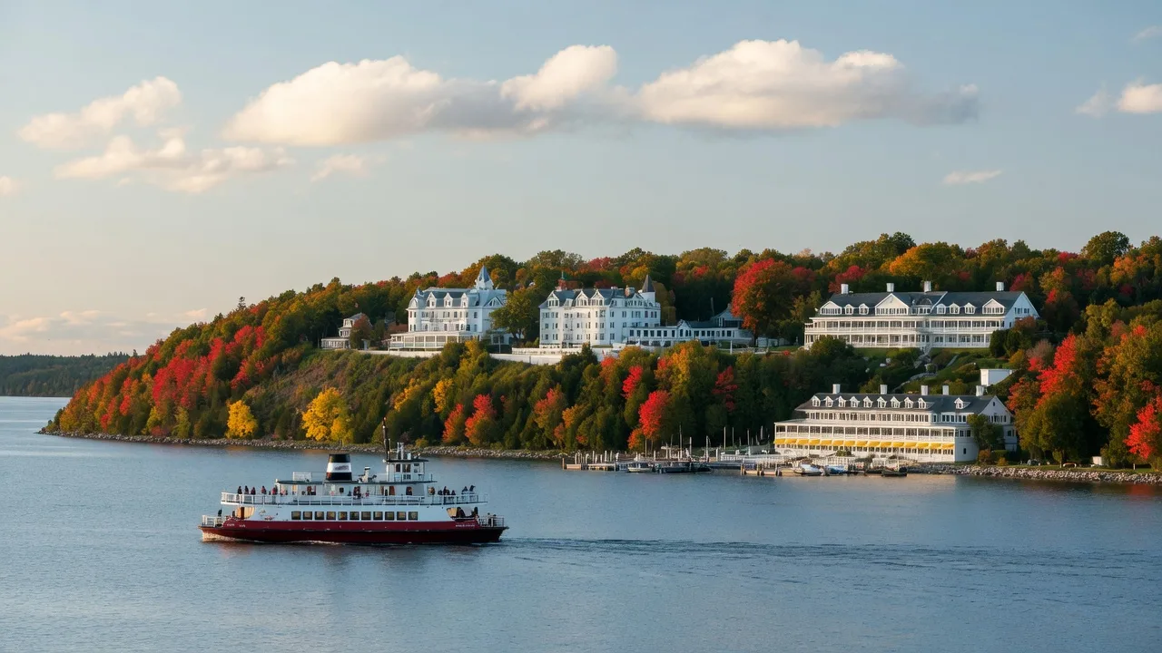 Mackinac Island in autumn, with fall color along the shoreline