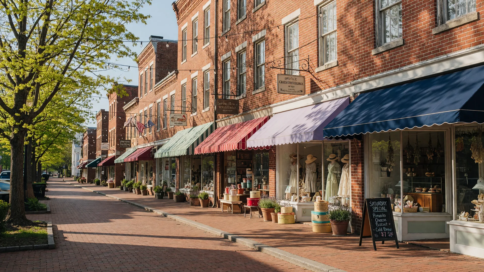 Historic Main Street storefronts in Fort Mill South Carolina on a Saturday morning