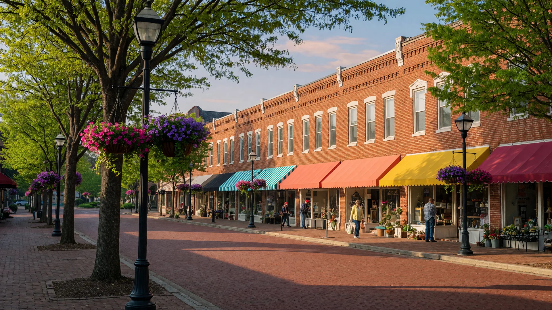 Downtown Matthews NC main street with brick storefronts on a sunny morning