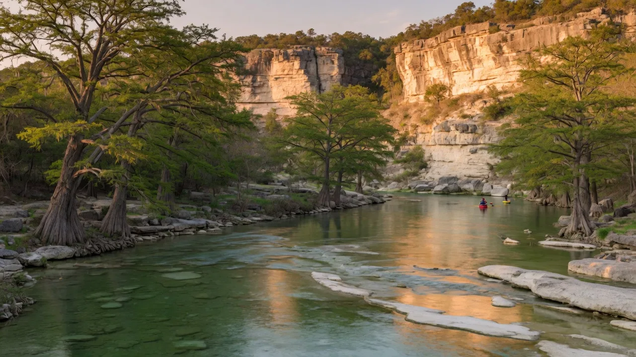 Turquoise-green Frio River water flowing past massive bald cypress trees and limestone bluffs at Garner State Park during golden hour