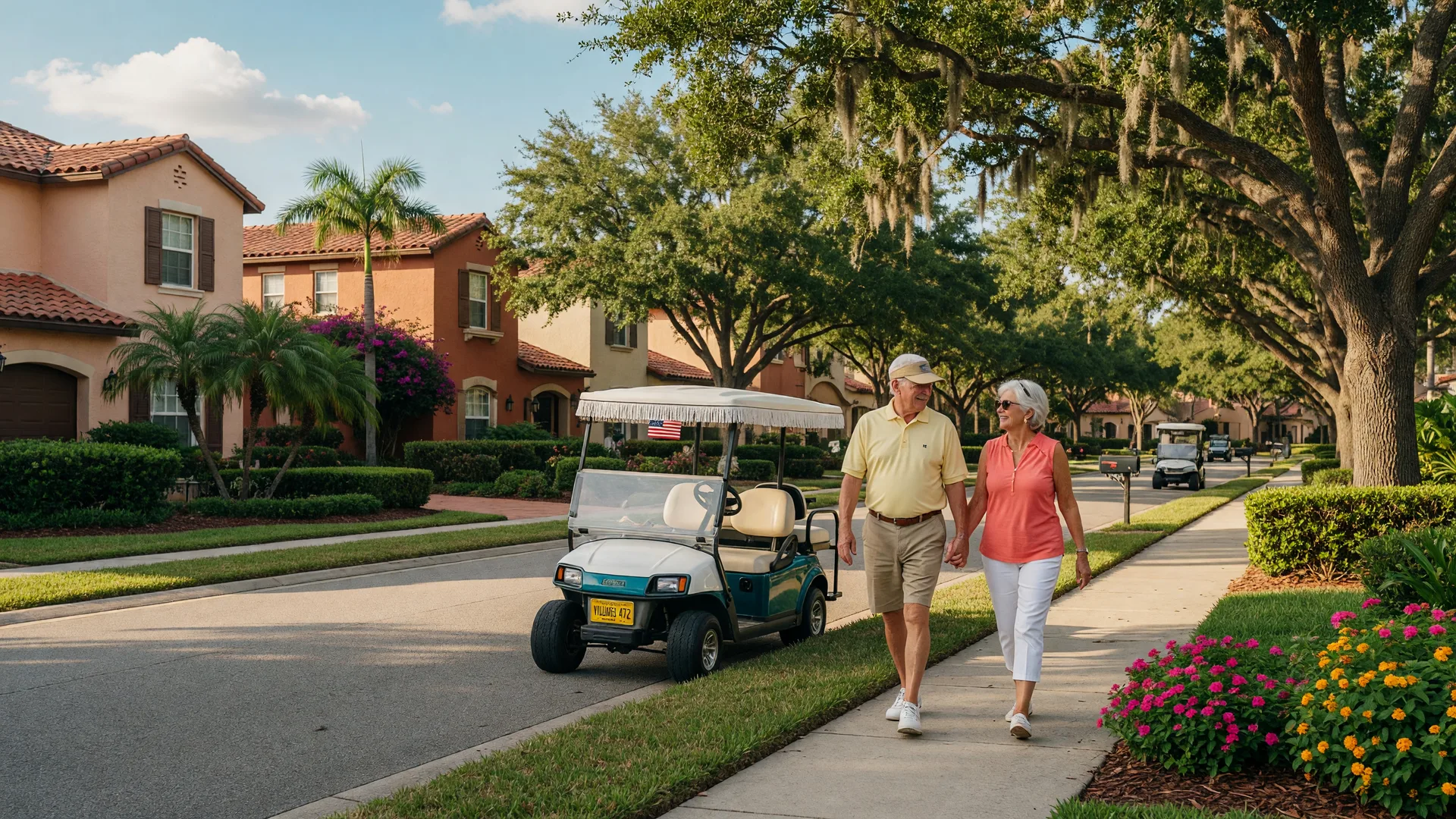 Older couple walking hand in hand on a sunny tree-lined street in The Villages, Florida, with a golf cart and Spanish-style homes nearby