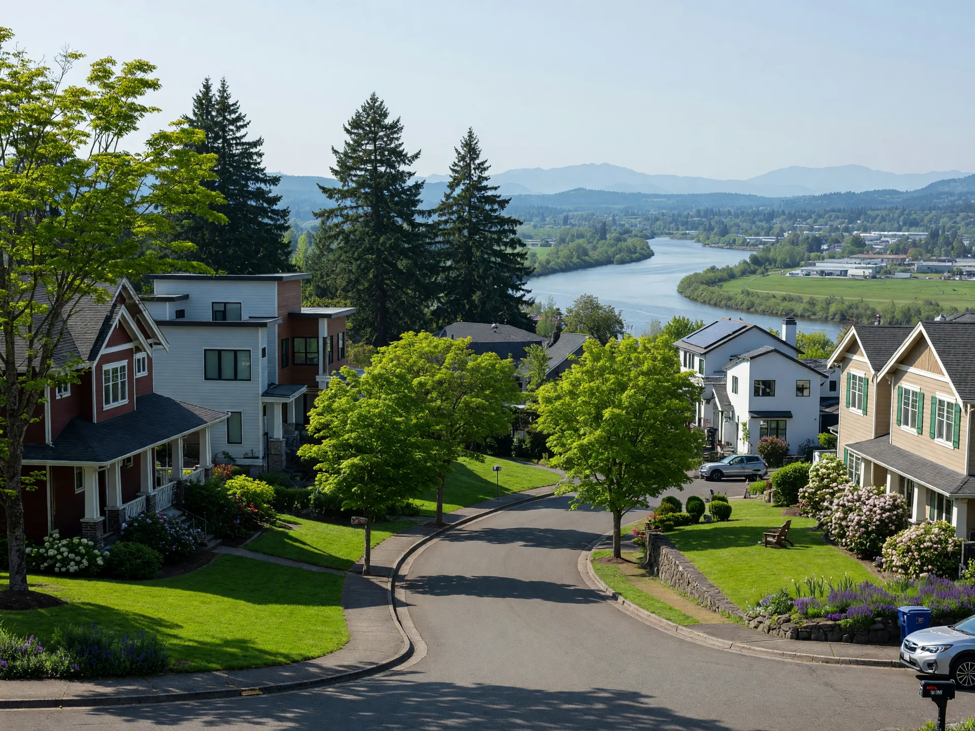 A tree-lined hillside residential street in West Linn with craftsman and contemporary homes and a glimpse of the river valley at golden hour