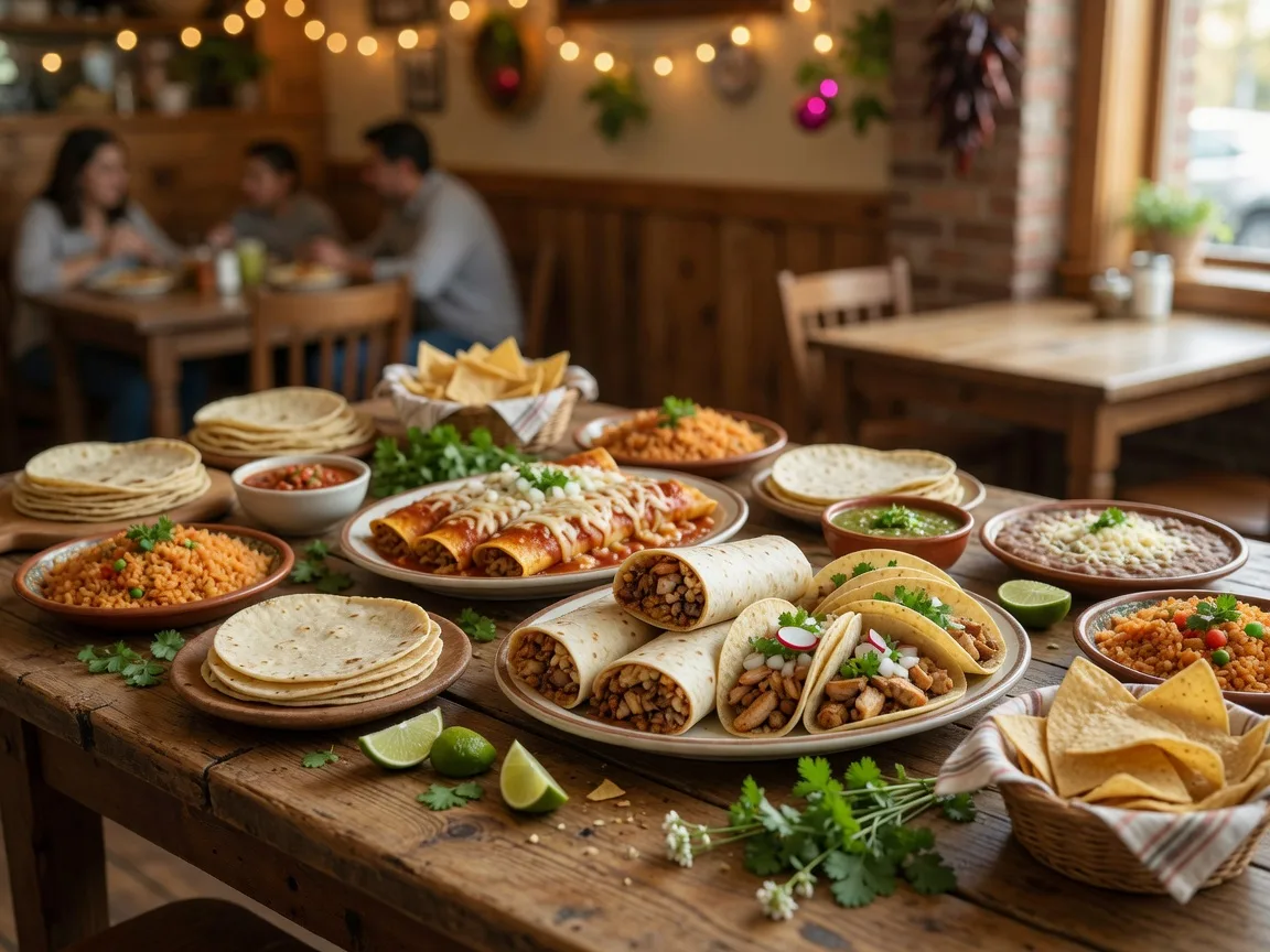 A family-style spread of tacos, burritos, and enchiladas with rice, beans, and colorful salsas at a casual Mexican family restaurant