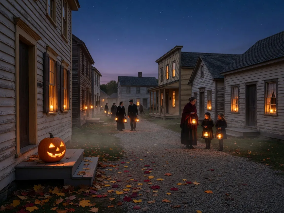 Lantern-lit heritage buildings and gravel lanes of the Scugog Shores Museum Village at dusk, with visitors carrying lanterns and autumn leaves on the path