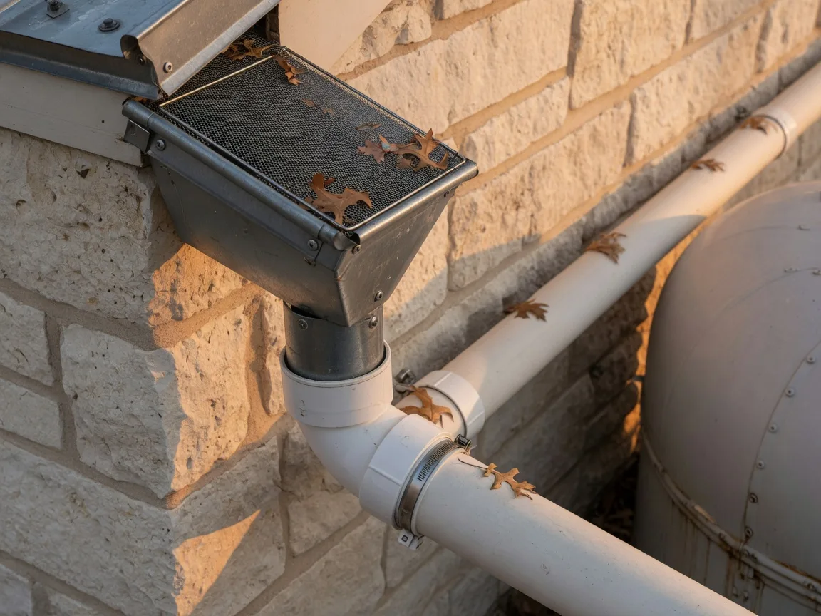 Close-up of a metal downspout with leaf screen guard and pipe connections feeding into a rainwater collection system against a limestone wall.