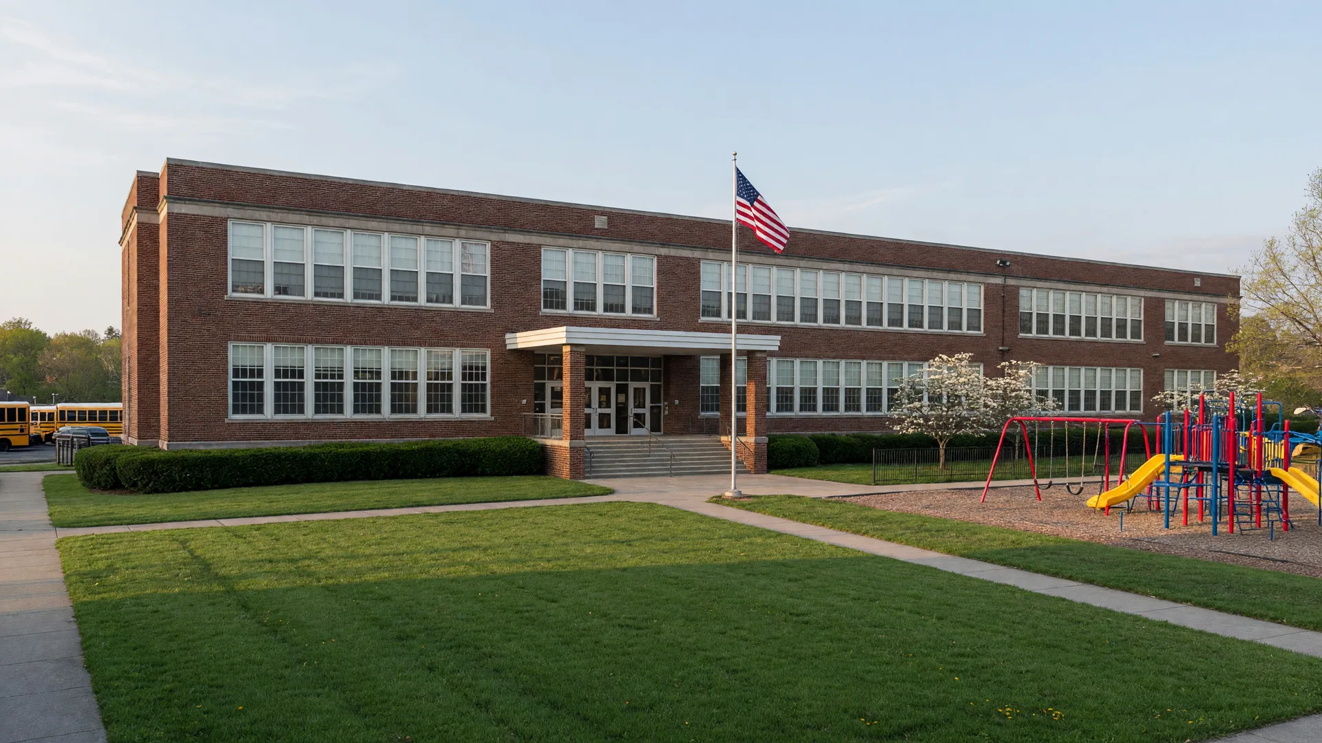 Wayne Elementary School in Radnor Township with brick building and front lawn