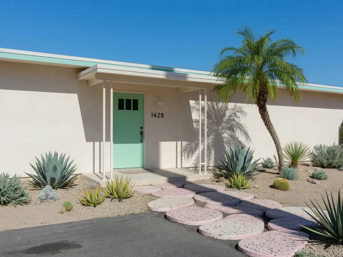 A charming single-story mid-century home with a mint front door, terrazzo walkway, and palms in midday sun