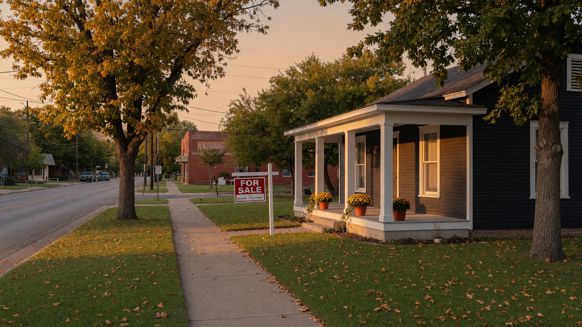 Updated single-story home with dark siding and a for sale sign on a tree-lined small-town Texas street at golden hour