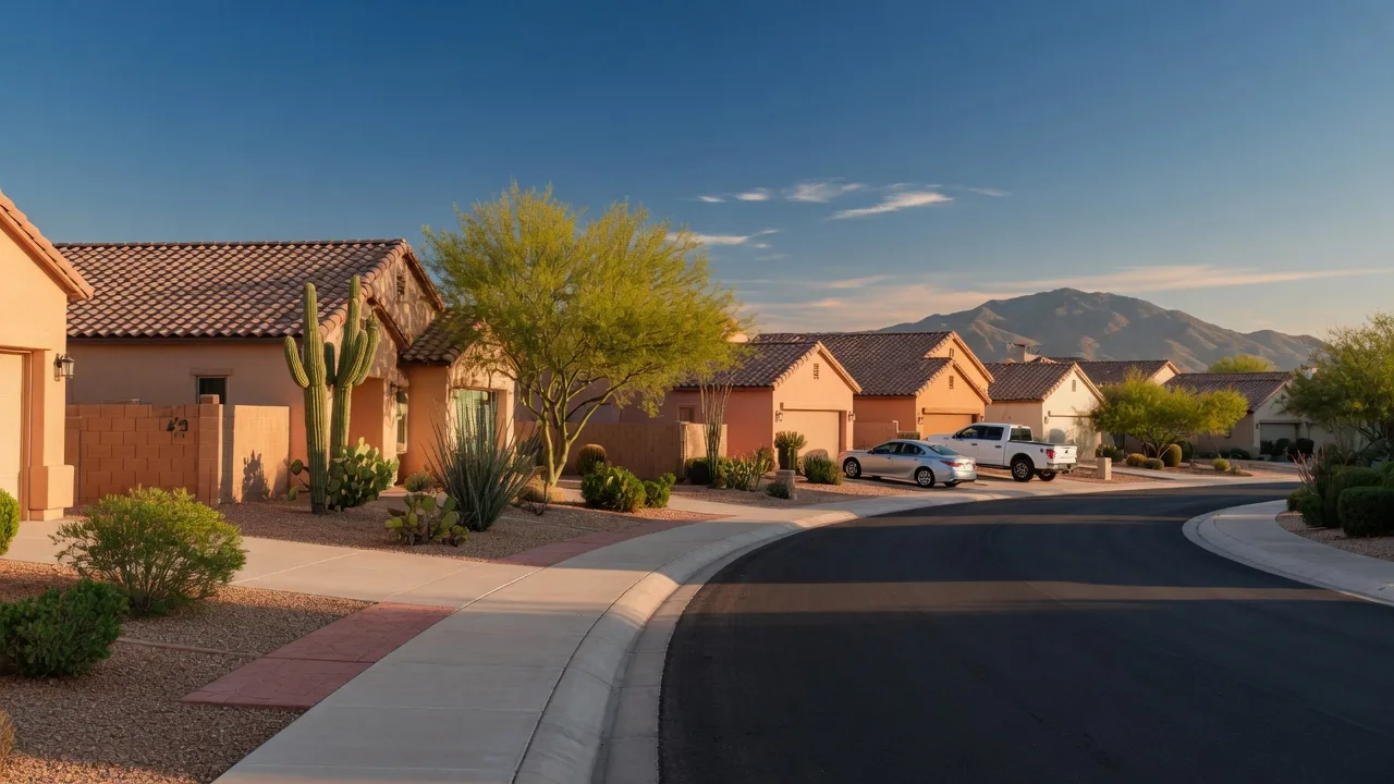 Quiet residential street in Gilbert, Arizona in late summer light with modern Southwestern homes, desert landscaping, and mountains in the distance