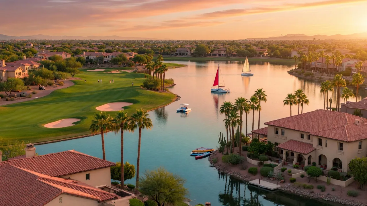 Lakeside master-planned community in Chandler with golf fairways and terracotta-roofed homes at golden hour