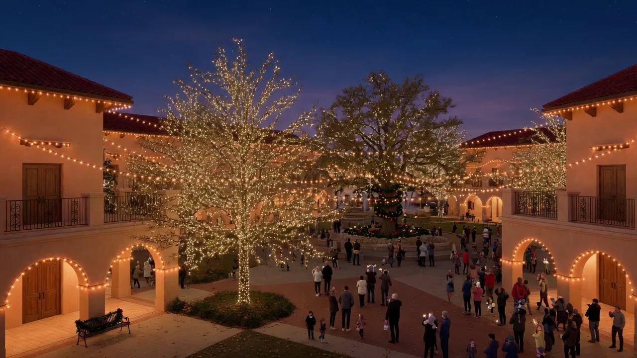 Utica Square in Midtown Tulsa at night during the holiday lights ceremony with trees wrapped in glowing white lights and families gathered