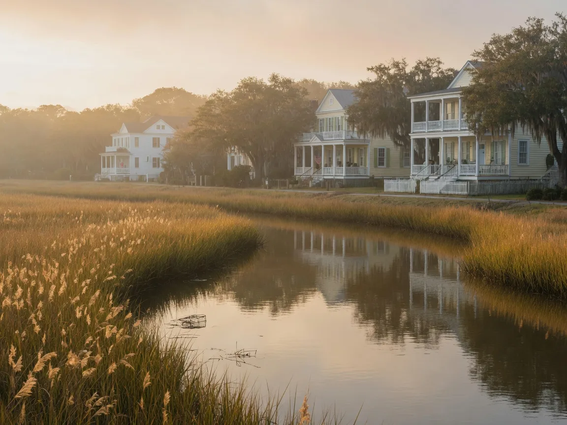 Golden marsh grass beside a calm tidal creek with porch-front homes on a distant tree-lined Lowcountry street at first light