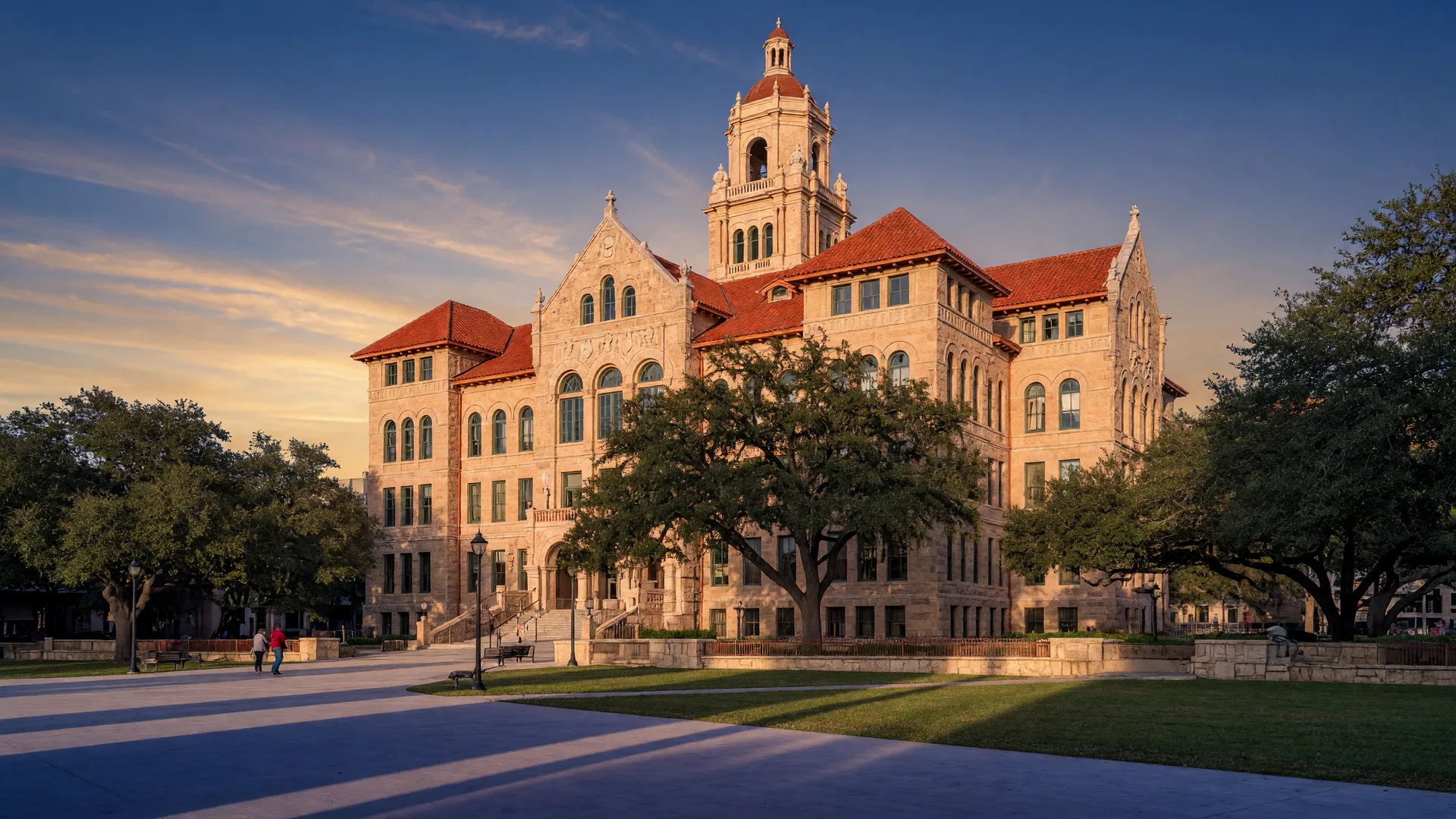 The Bexar County Courthouse in downtown San Antonio at golden hour