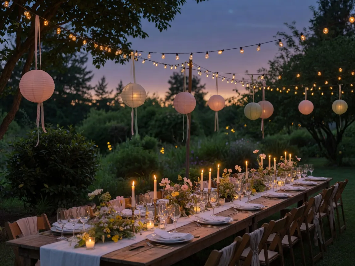 Outdoor reception table set for dinner under string lights at dusk in Southern Oregon